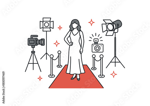 flat vector outline illustration of film premiere party with red carpet cameras and lights clean minimal vector style isolated on white background