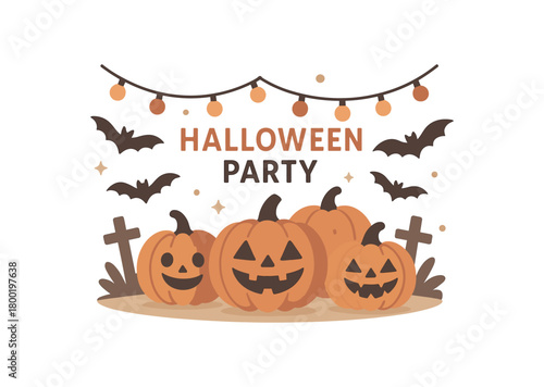 colored flat vector illustration of halloween party with pumpkins bats and spooky lights warm muted palette low saturation modern flat stock vector style isolated on white background
