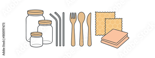 Flat vector zero waste kitchen kit: glass jars metal straws bamboo cutlery beeswax wraps cloth napkins pastel palette clean outlines minimal centered isolated on white no logos