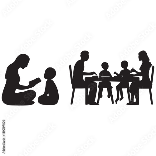 Silhouettes of a mother reading to her child on the floor and a family of four, including parents and two children, sitting around a table for a meal or activity, depicting family life and education