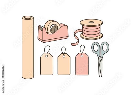 Flat vector gift wrapping: paper roll tape dispenser ribbon spool tags scissors pastel palette clean outlines minimal centered isolated on white no logos