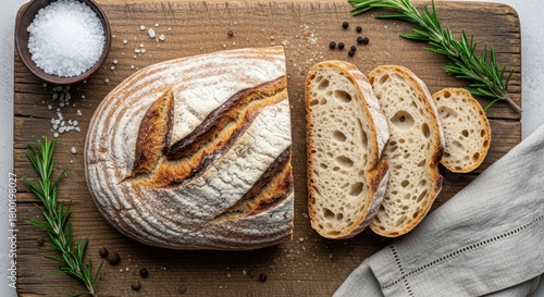 Sliced artisan bread on wooden board with rosemary and salt