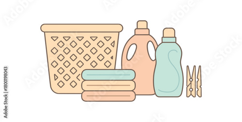 Flat vector laundry kit: basket detergent bottle softener clothespins folded towels pastel palette clean outlines minimal centered isolated on white no logos