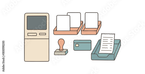 flat vector handdrawn soft palette clean outlines white background bill pay station letter tray due date cards blank stamp bank card blank receipt tray no logos no gloss