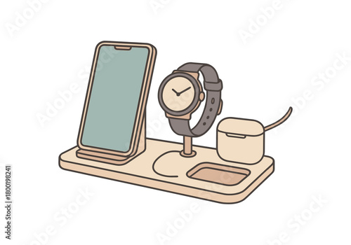 flat vector handdrawn soft palette clean outlines white background charging station desktop charger phone stand watch dock earbud case cable tray no logos no gloss