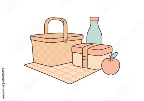 Flat vector picnic kit: wicker basket lunch box bottle checkered cloth pastel palette clean outlines minimal centered isolated on white no logos