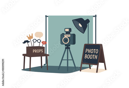 colored flat vector illustration of photo booth corner with props camera and backdrop modern stock vector palette calm tones isolated on white background