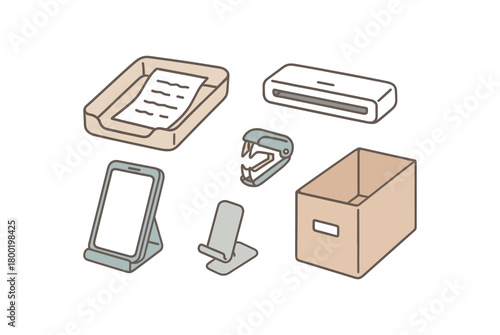 flat vector handdrawn soft palette clean outlines white background receipt capture receipt tray scanner phone stand staple remover file box no logos no gloss