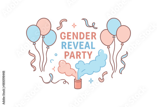 flat vector outline illustration of gender reveal party with balloons smoke and ribbons clean modern vector style soft tones isolated on white background