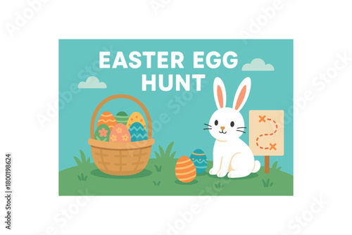 Flat vector banner for EASTER EGG HUNT basket eggs and bunny spring palette grassy base route map panel