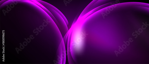 Abstract purple shapes overlap, creating luminous curves. Dark background emphasizes bright central glow, smooth gradients present.