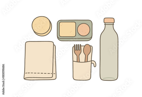 flat vector handdrawn soft palette clean outlines white background travel low waste solid toiletries tin box small towel cutlery set bottle no logos no gloss