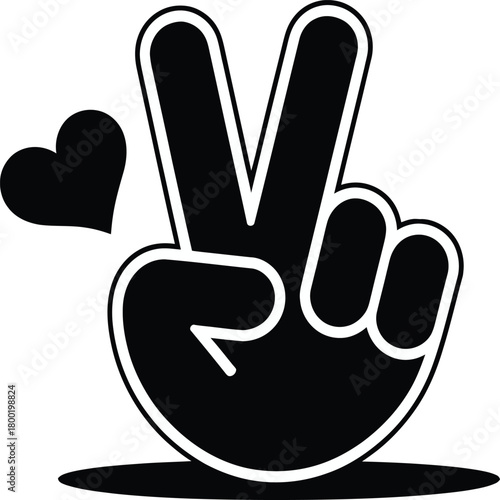 A bold, stylized hand gesture showing the peace sign alongside a heart. This design symbolizes harmony and affection, suitable for social causes, artwork, or merchandise.