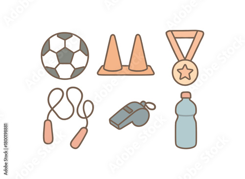 flat vector handdrawn soft palette clean outlines white background sports day small soccer ball cones jump rope whistle water bottle medal no logos no gloss