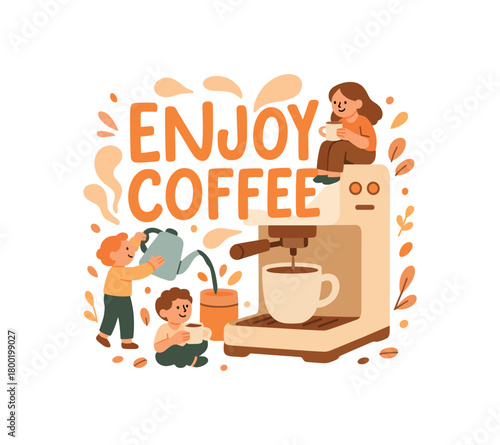Playful vector illustration with handlettered text ENJOY COFFEE surrounded by small people brewing coffee sitting near coffee machine steam forming soft shapes warm pastel vector palette