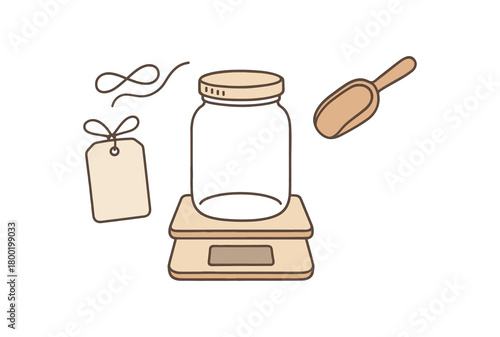 flat vector handdrawn soft palette clean outlines white background zero contain bring your own jar tare card blank scoop jar on scale twine no logos no gloss