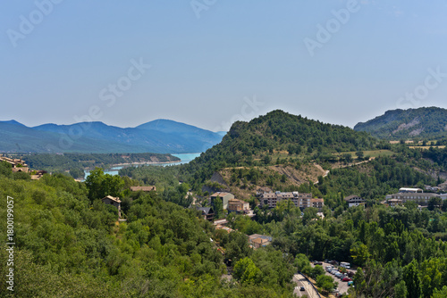 Ainsa village and Mediano reservoir panorama