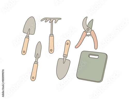 flat vector handdrawn soft palette clean outlines white background indoor garden tools hand trowel hand rake pruning shears transplanter garden scoop kneeler pad no logos no gloss