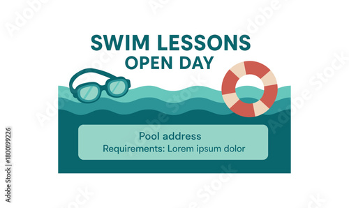 Flat vector banner for SWIM LESSONS OPEN DAY pool waves goggles and float aqua palette clean headline panel for pool address and requirements