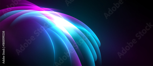 Abstract light curves radiate from bright center. Vivid blues, purples create dynamic visual effect. Smooth gradients suggest energy flow.