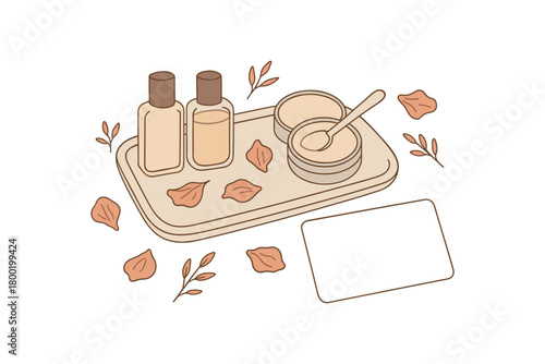 flat vector handdrawn soft palette clean outlines white background refill perfumes solid balm tins open spatula ceramic tray dried petals card blank no logos no gloss