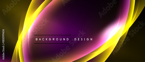 Abstract design features vibrant purple, yellow hues. Smooth curves create dynamic flow, modern aesthetic. Text reads background design.