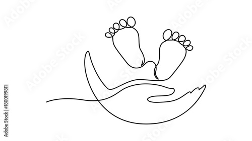 Continuous line drawing of a baby's feet and hands isolated on white background