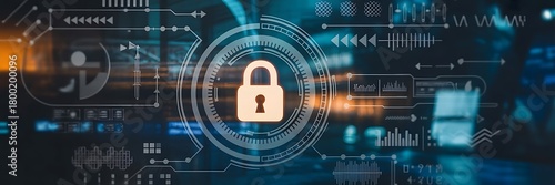 A digital padlock icon symbolizes cyber security and network data protection technology, featuring a virtual interface dashboard for online privacy and business data security. padlock
