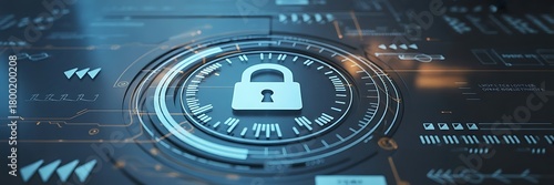 A digital padlock icon symbolizes cyber security and network data protection technology, featuring a virtual interface dashboard for online privacy and business data security. padlock