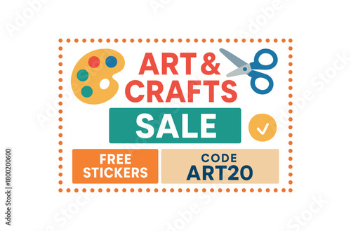 Flat vector coupon ART CRAFTS SALE paint palette and scissors around title code ART20 sticker FREE STICKERS tidy grid safe bright colors