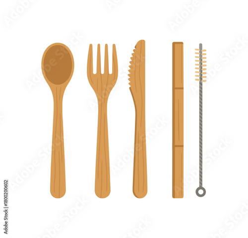 Reusable bamboo cutlery set flat vector illustration isolated on white background