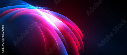 Abstract flowing shapes, vibrant pinks, blues create dynamic energy. Light bursts from center, dark background emphasizes form.