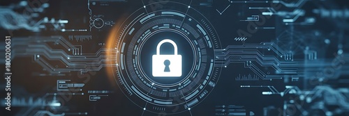 A digital padlock icon symbolizes cyber security and network data protection technology, featuring a virtual interface dashboard for online privacy and business data security. padlock