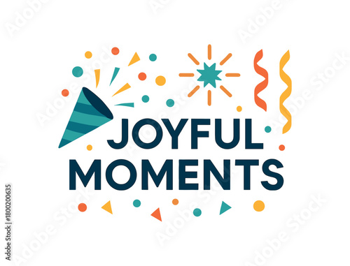 Flat vector illustration with text JOYFUL MOMENTS geometric typography with party icons confetti fireworks and ribbons cheerful celebration flat vector style isolated on white background