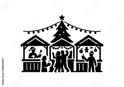 flat black vector illustration of christmas market party with stalls lights and people bold silhouette design isolated on white background