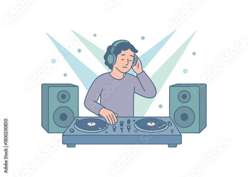 colored flat vector illustration of music dj party with turntables speakers and light beams soft cool colors low saturation isolated on white background