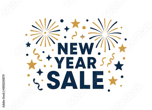 Flat vector illustration with text NEW YEAR SALE bold geometric lettering surrounded by fireworks confetti and stars festive gold and navy palette clean flat vector design isolated on white