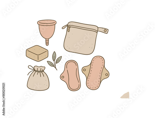 flat vector handdrawn soft palette clean outlines white background period low waste menstrual cup cloth pads wet bag gentle soap storage pouch no logos no gloss