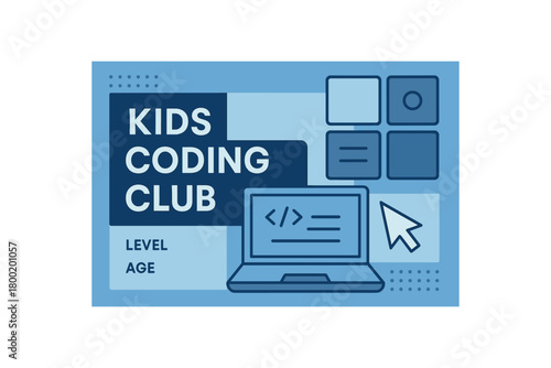 Flat vector banner for KIDS CODING CLUB laptop blocks and cursor arrow calm blue palette modular layout room for level and age info