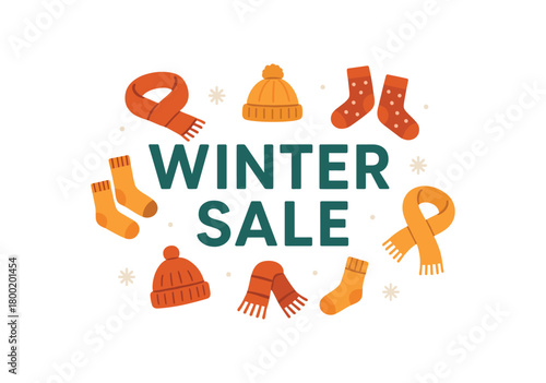 Flat vector illustration with text WINTER SALE clean lettering with small icons of scarves hats and socks warm cozy flat winter vector design isolated on white background