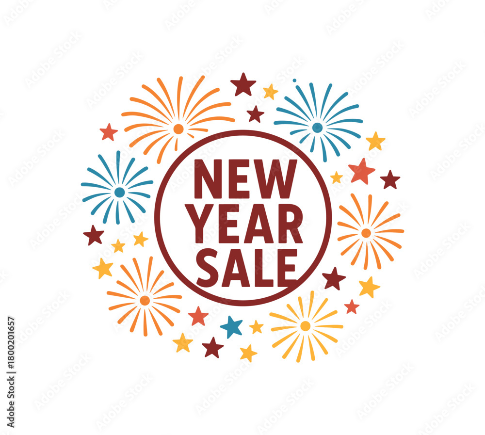 Obraz premium Flat vector illustration with text NEW YEAR SALE condensed lettering inside circular frame made of fireworks and stars flat celebration vector composition isolated on white background