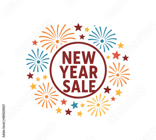 Flat vector illustration with text NEW YEAR SALE condensed lettering inside circular frame made of fireworks and stars flat celebration vector composition isolated on white background