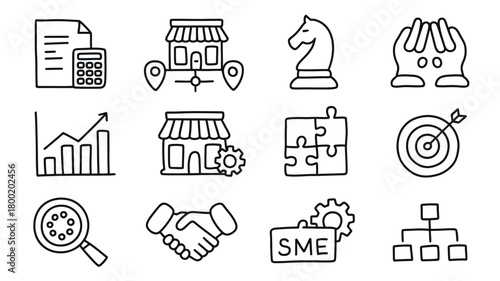 A collection of business-related icons representing growth, strategy, and partnership.