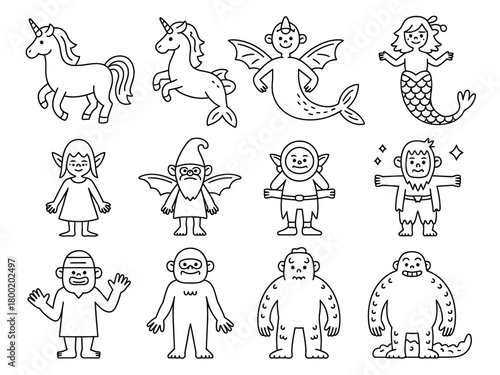 A collection of stylized fantasy creatures and mythical beings are depicted in a simple line art illustration.