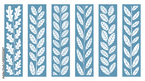 A collection of six decorative blue panels featuring white leaf patterns in a vertical arrangement.