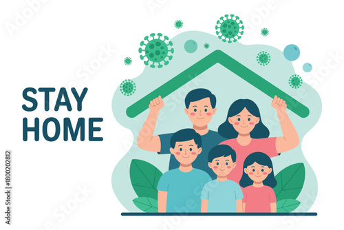 A family stays safe at home under a protective roof during a pandemic.