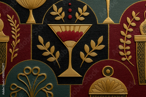 An Art Deco-inspired wallpaper with cocktail shaker motifs in gold and burgundy, speakeasy glamour generative AI 