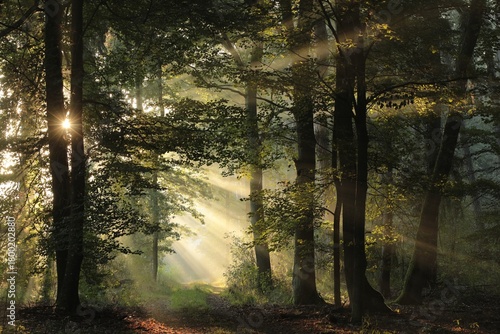 The sun's rays fall on a forest path on a foggy autumn morning