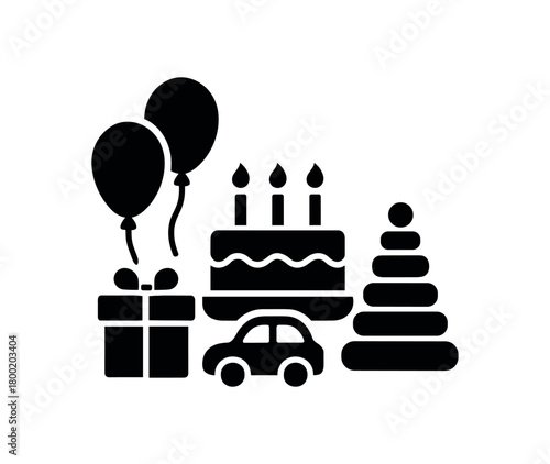 flat black vector illustration of children party with balloons cake and toys silhouette vector icon simple geometric composition isolated on white background