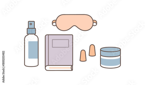 Flat vector bedtime routine: pillow spray book sleep mask earplugs night cream pastel palette clean outlines minimal centered isolated on white no logos